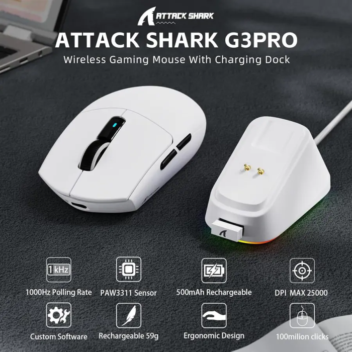 ATTACK SHARK G3PRO Tri-Mode Wireless Gaming Mouse With Charge Dock