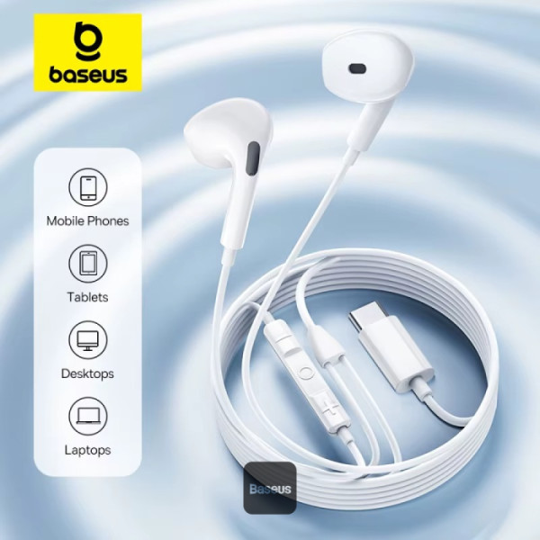 Baseus Encok CZ19 USB-C Wired Earphones For iPhone 16 - 13mm Drivers, Omni-Directional Mic, Volume Control, Semi In-Ear Design - White
