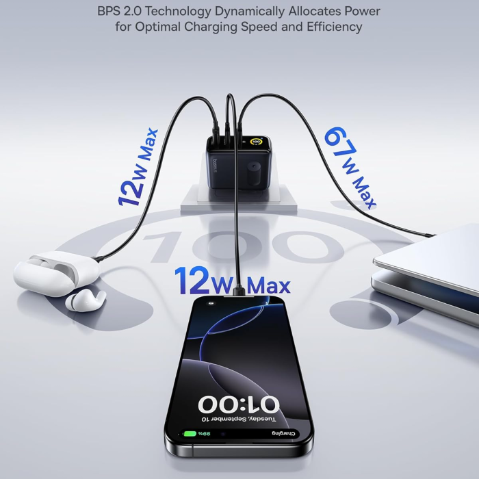 Baseus PicoGo 100W USB-C GaN Fast Charger – 3-Port Multi Device Laptop Charger with Smart Display & Touch Control