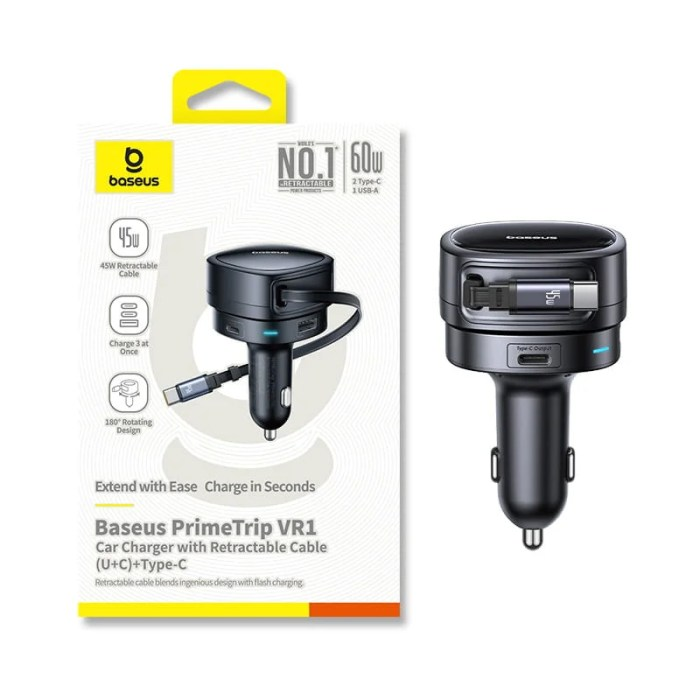Baseus PrimeTrip VR1 Car Charger with Retractable Cable (U+C)+Type-C 60W - Image 4