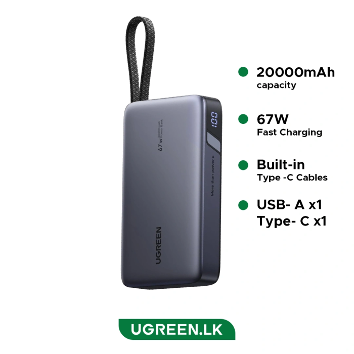 UGREEN 20000mAh 67W Power Bank with Built-in Type – C Cable – PB550 – 55996B