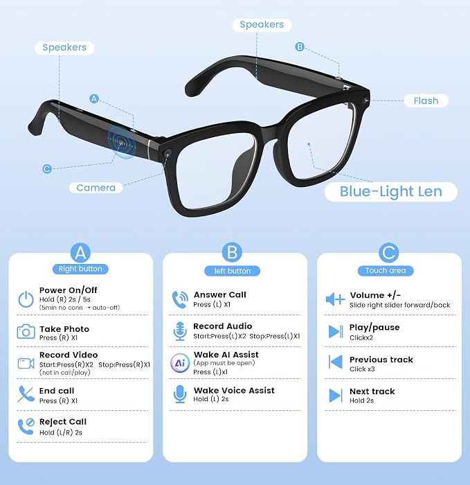 AI Smart Camera Glasses 1080P HD – Bluetooth Video Recording Glasses with Voice Control