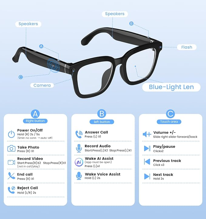AI Smart Camera Glasses 1080P HD – Bluetooth Video Recording Glasses with Voice Control