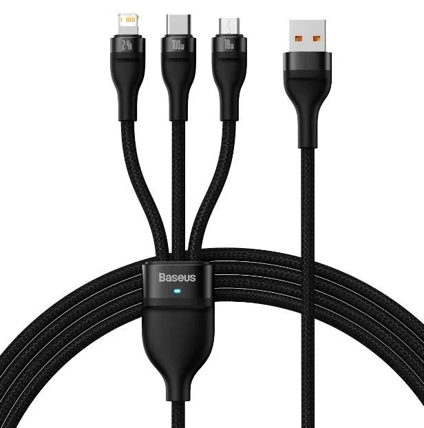 Baseus Flash Series II One for Three Fast Charging Data Cable USB to Type C + Lightning + MicroUSB 66W 1.2m Black