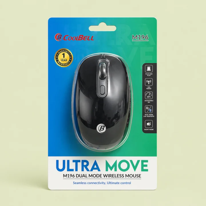 CoolBell M196 Ultra Move Dual Mode Wireless Mouse – Bluetooth 5.1 & 2.4GHz