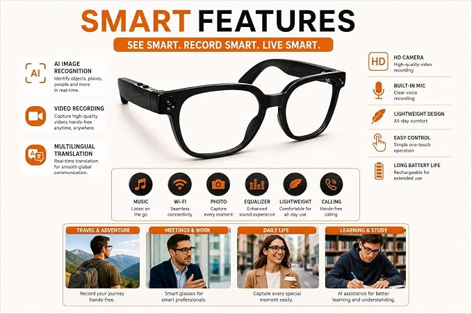 AiMB S3 Ultra AI Smart Glasses with 5MP Camera & 1080P Video