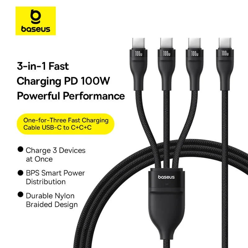 Baseus Flash Series 3 One-for-Three Fast Charging Cable Type-C to C+C+C 100W – 1.5m