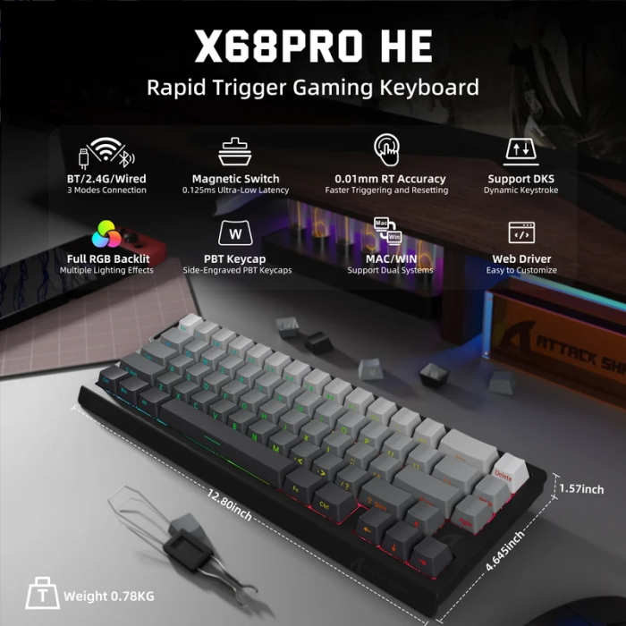 ATTACK SHARK X68 PRO HE Wireless Rapid Trigger Keyboard Magnetic Switch