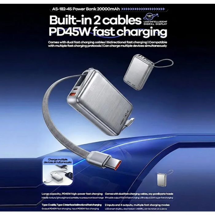 REMAX AS-182-45 20000mAh 45W Power Bank with Built-In Type-C and Lightning Cables