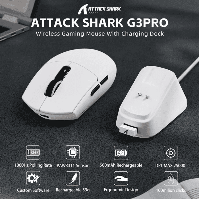 ATTACK SHARK G3PRO Tri-Mode Wireless Gaming Mouse With Charge Dock