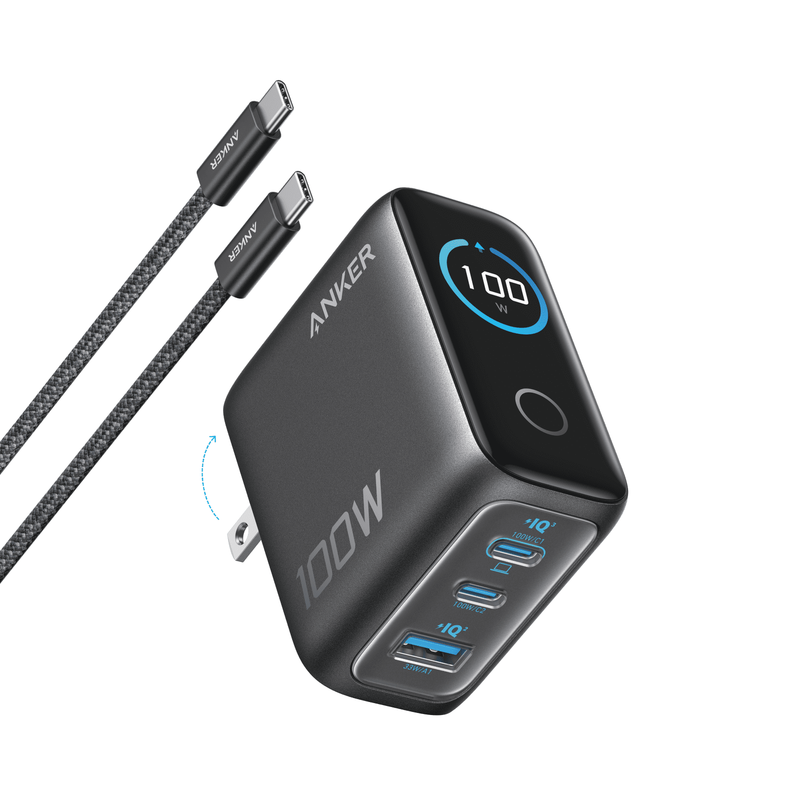 Anker 100W 3-Port GaN Charger with Smart Display B121B – USB-C PD Fast Charger for Laptop & Mobile