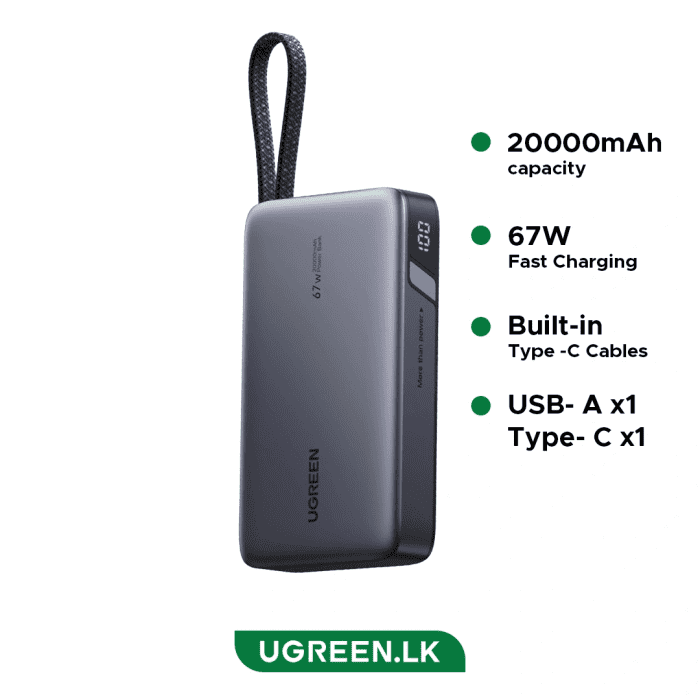 UGREEN 20000mAh 67W Power Bank with Built-in Type – C Cable – PB550 – 55996B